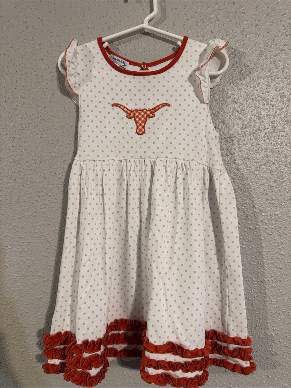 Girls White Polka Dot Dress with Orange Trim and Ruffle Hem